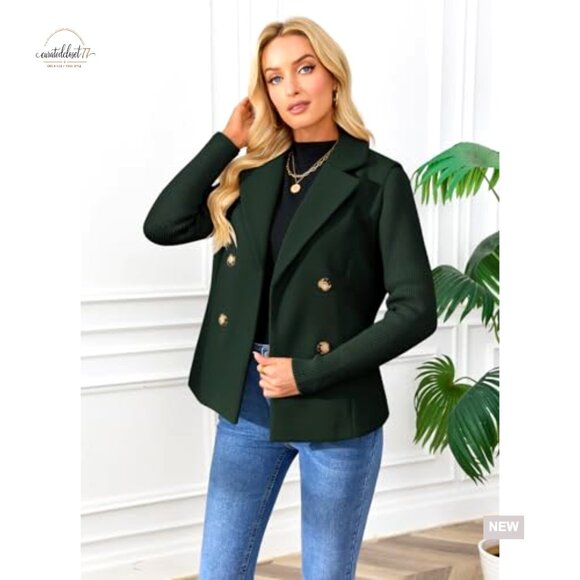 Women's Wool Blend Pea Coat Double Breasted Notch Lapel Ribbed Knit Sleeves - Picture 3 of 7